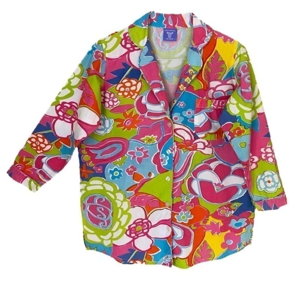 PINE CONE HILL "Twiggie" Pajama Top Fine Linens Bright Multicolor Women’s Size S